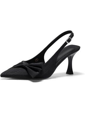Women's Black Slingback High Heels Bow Tie Closed Pointed Toe Pumps Dressy Shoes
